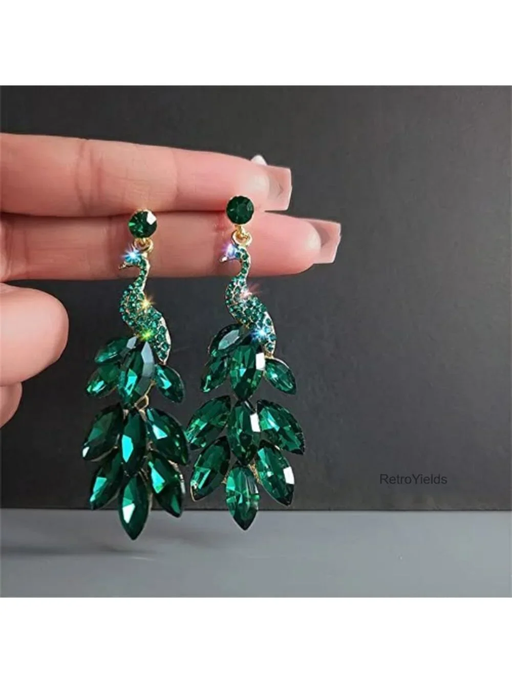 Vintage Peacock Dangle Earrings 14K Gold Plated Green Crystal Feather Statement